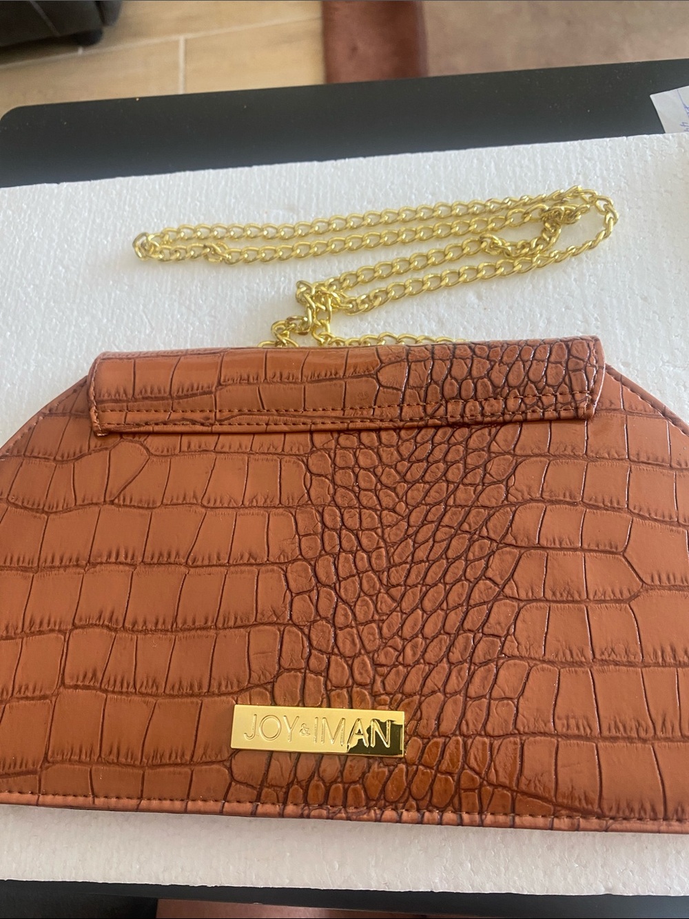 Joy & Iman Cognac Croc-Embossed Clutch with Gold Chain Strap